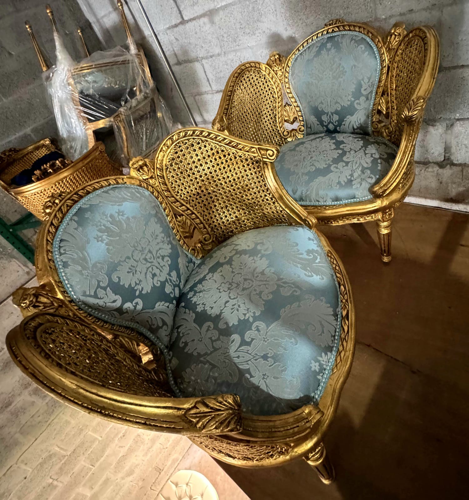 French Louis XV Style Bergere Wing Chair with Gold Leaf Details