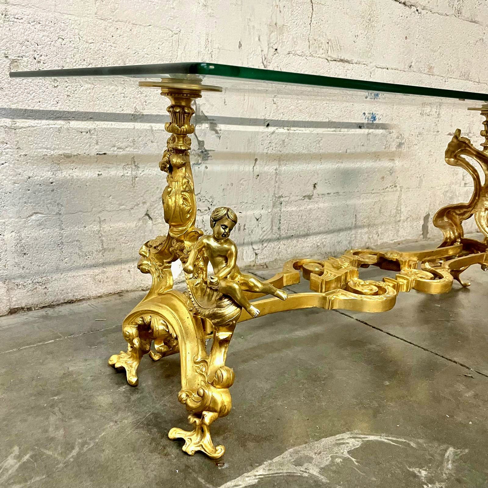 French Louis XVI Style Coffee Table – Glass Top, Gold Leaf Angel Carvings, Luxury Center Table