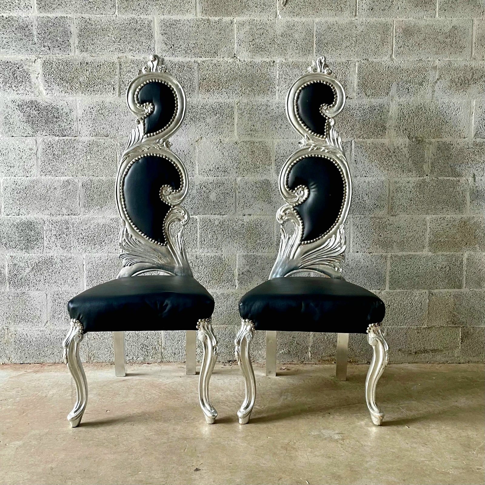 French Style Art Chair – Black Leather Upholstery with Silver Leaf Detailing
