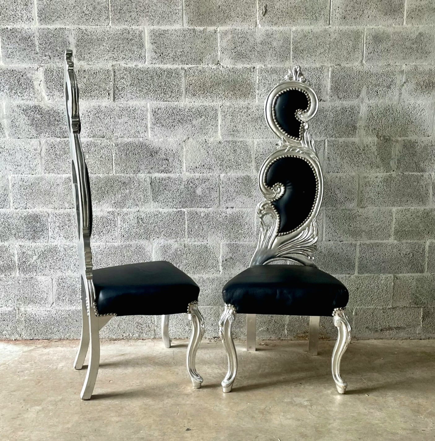 French Style Art Chair – Black Leather Upholstery with Silver Leaf Detailing