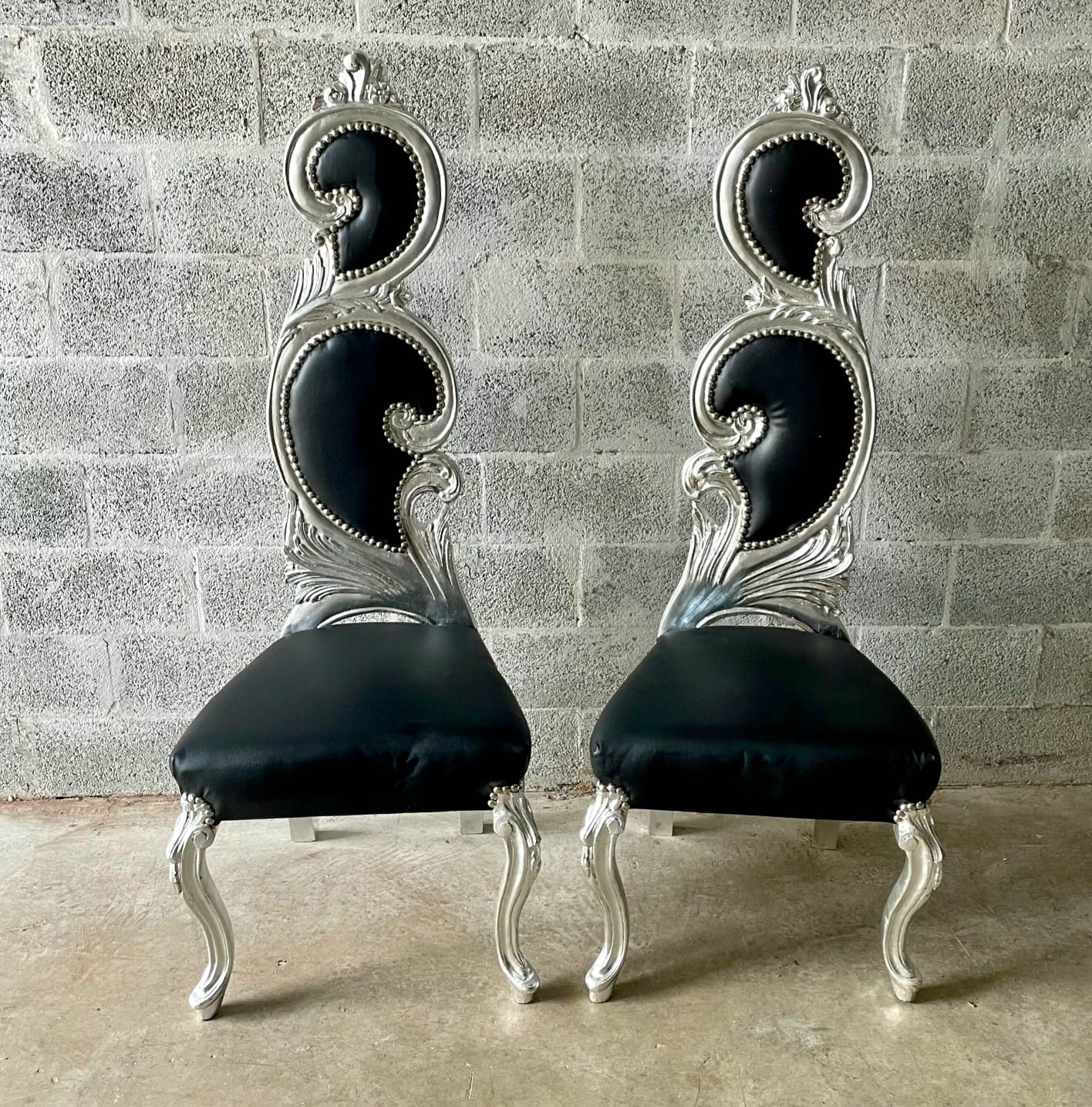 French Style Art Chair – Black Leather Upholstery with Silver Leaf Detailing