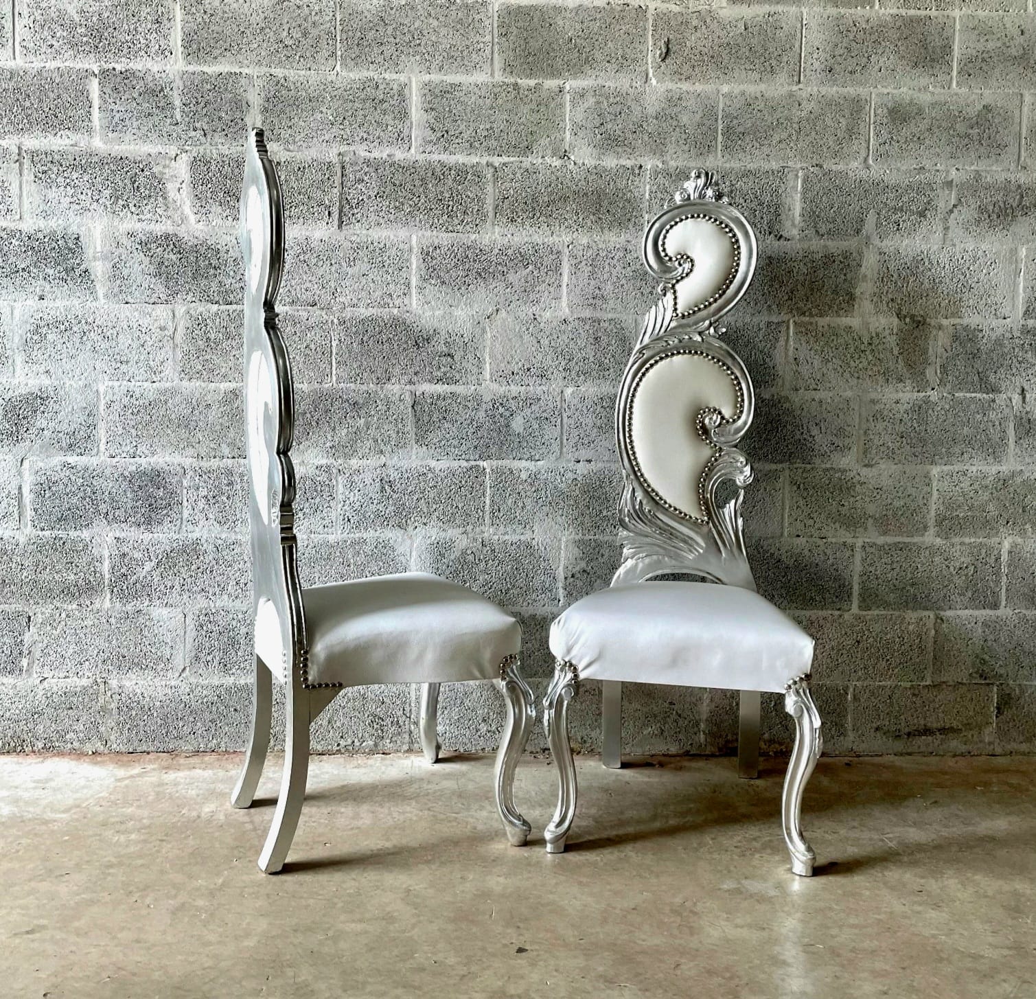 French Style Art Chair – White Leather Upholstery with Silver Leaf Detailing