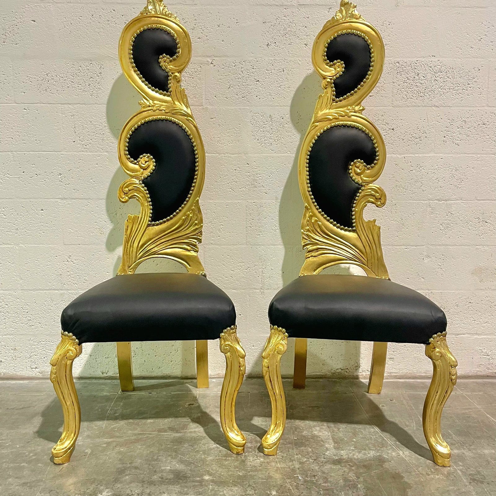French Style Art Chair – Black Leather Upholstery with Gold Leaf Detailing
