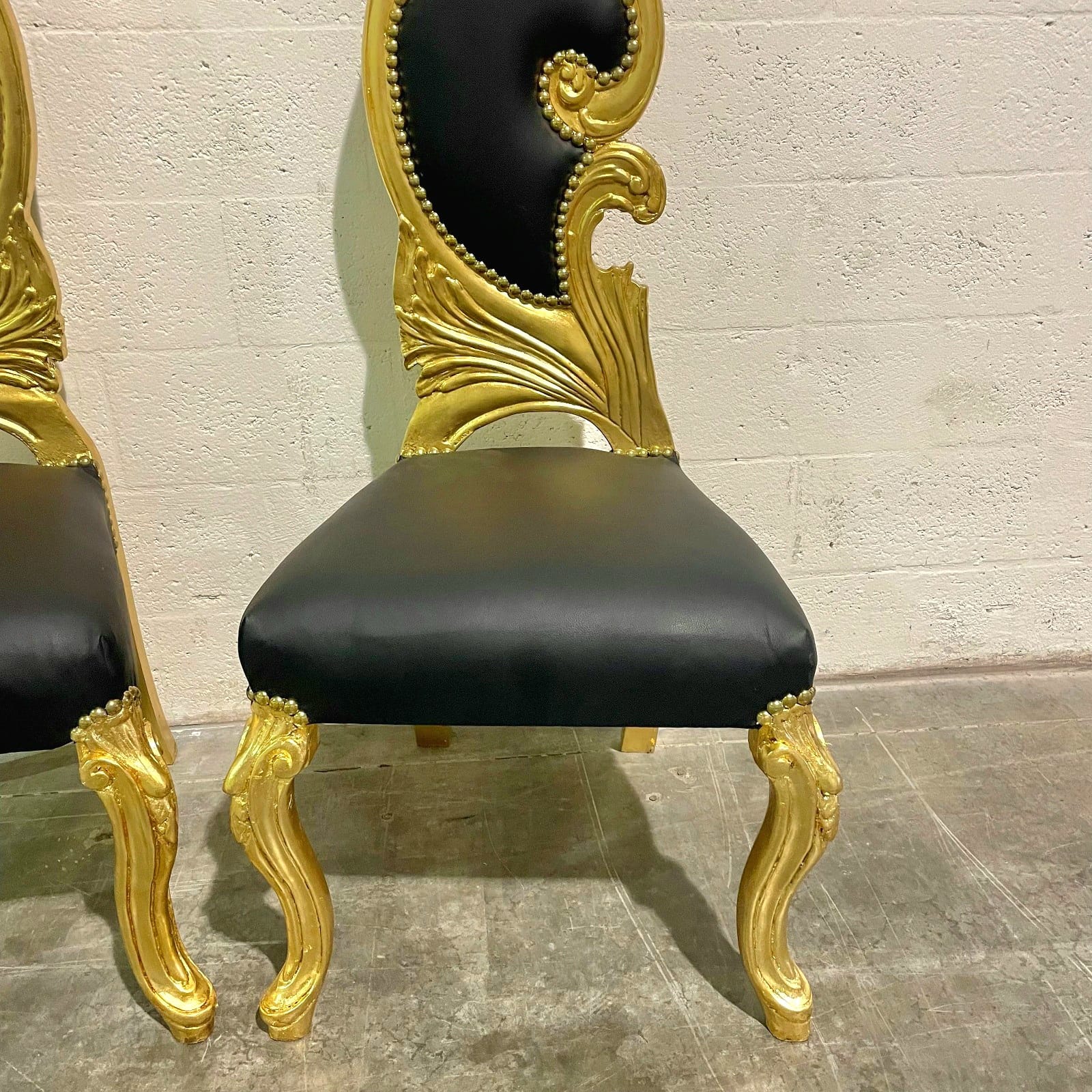 French Style Art Chair – Black Leather Upholstery with Gold Leaf Detailing