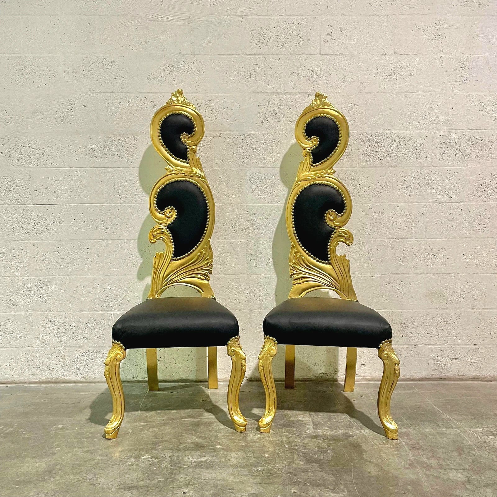 French Style Art Chair – Black Leather Upholstery with Gold Leaf Detailing