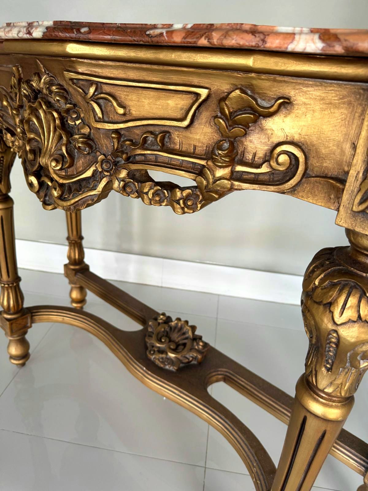 French Style Console Table – Multicolor Marble Top, Gold Leaf Details, 36"H x 47"W x 18"D