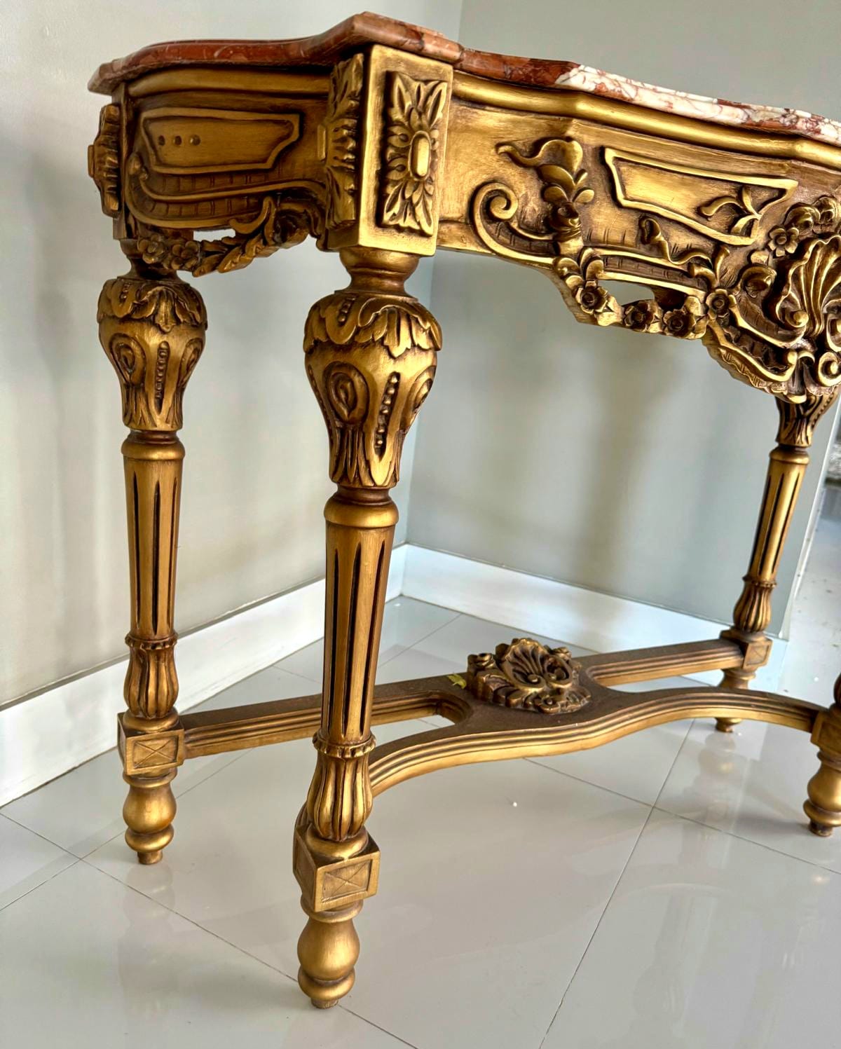 French Style Console Table – Multicolor Marble Top, Gold Leaf Details, 36"H x 47"W x 18"D