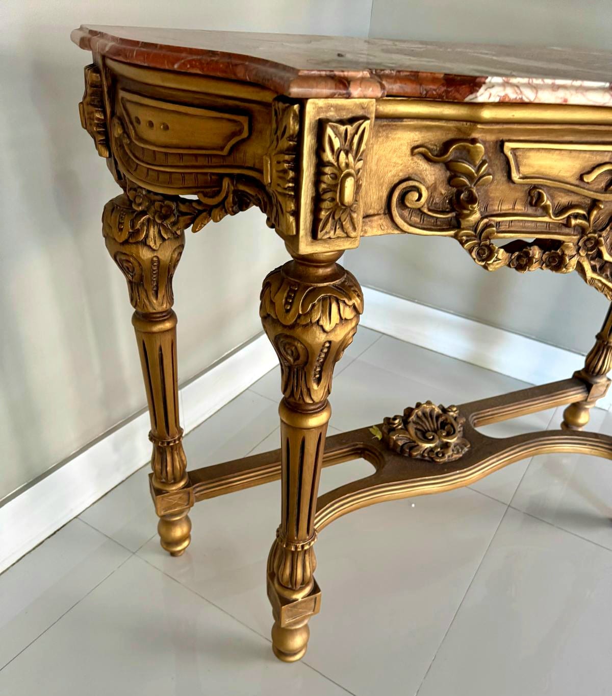 French Style Console Table – Multicolor Marble Top, Gold Leaf Details, 36"H x 47"W x 18"D