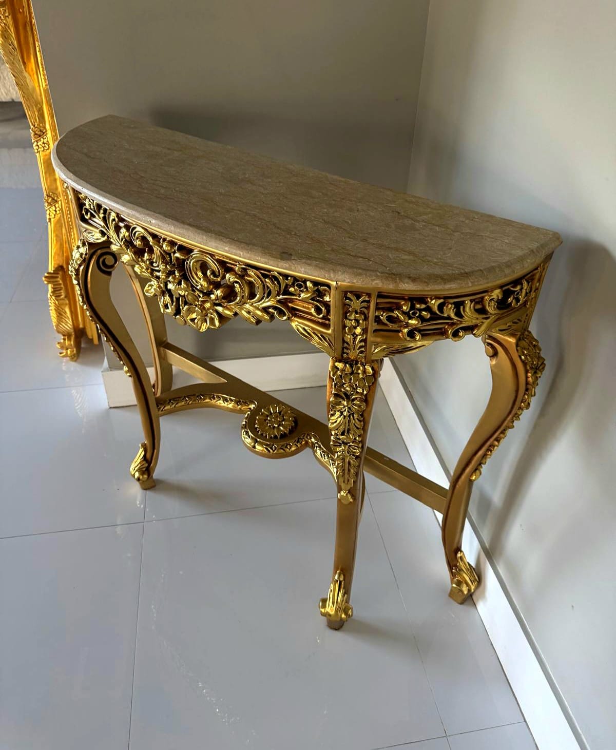 French Style Console Table – Beige Marble Top, Gold Leaf Details, 35.5"H x 41.5"W x 13"D