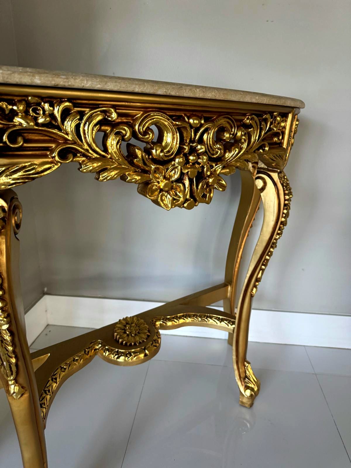 French Style Console Table – Beige Marble Top, Gold Leaf Details, 35.5"H x 41.5"W x 13"D