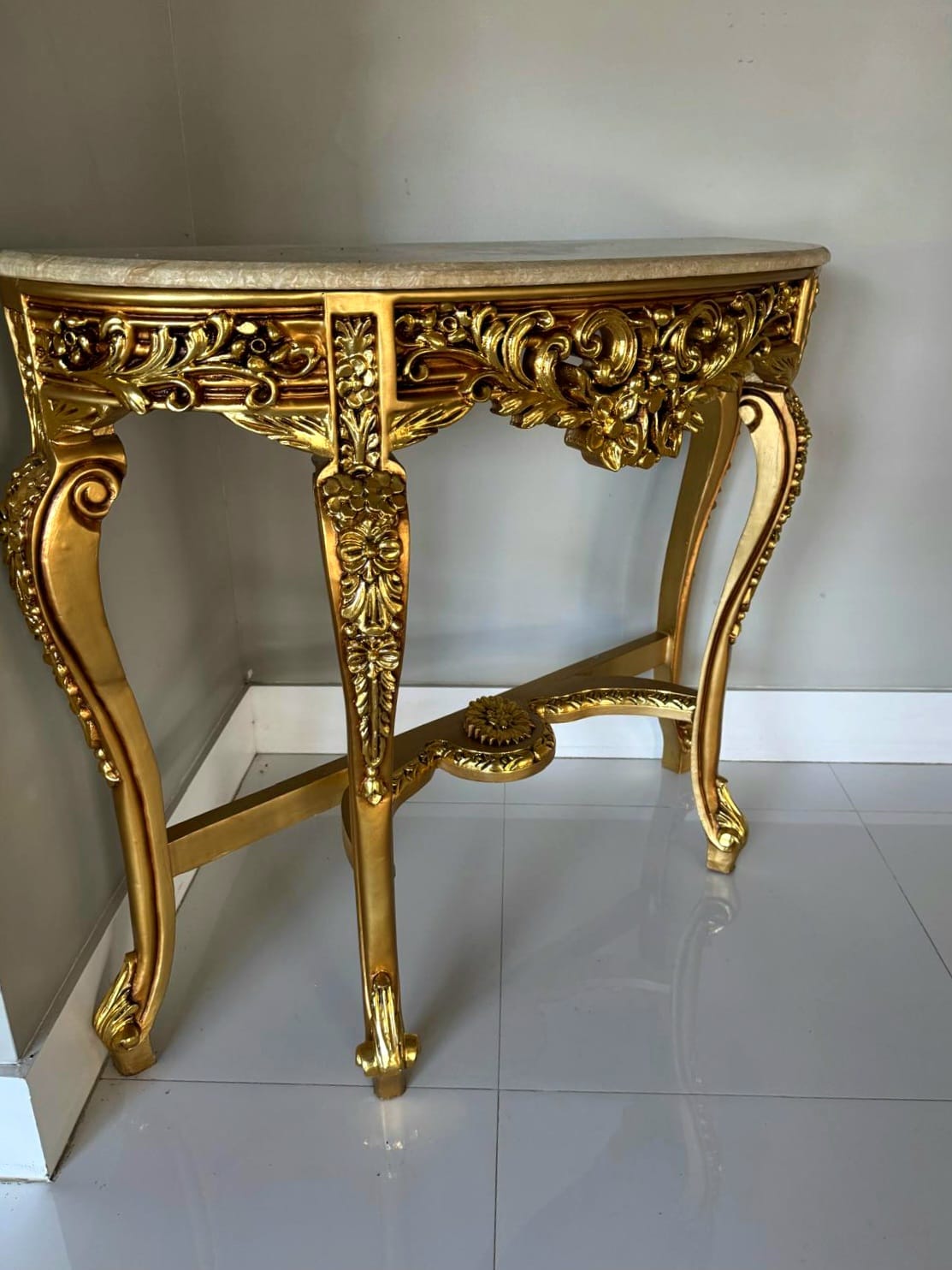 French Style Console Table – Beige Marble Top, Gold Leaf Details, 35.5"H x 41.5"W x 13"D