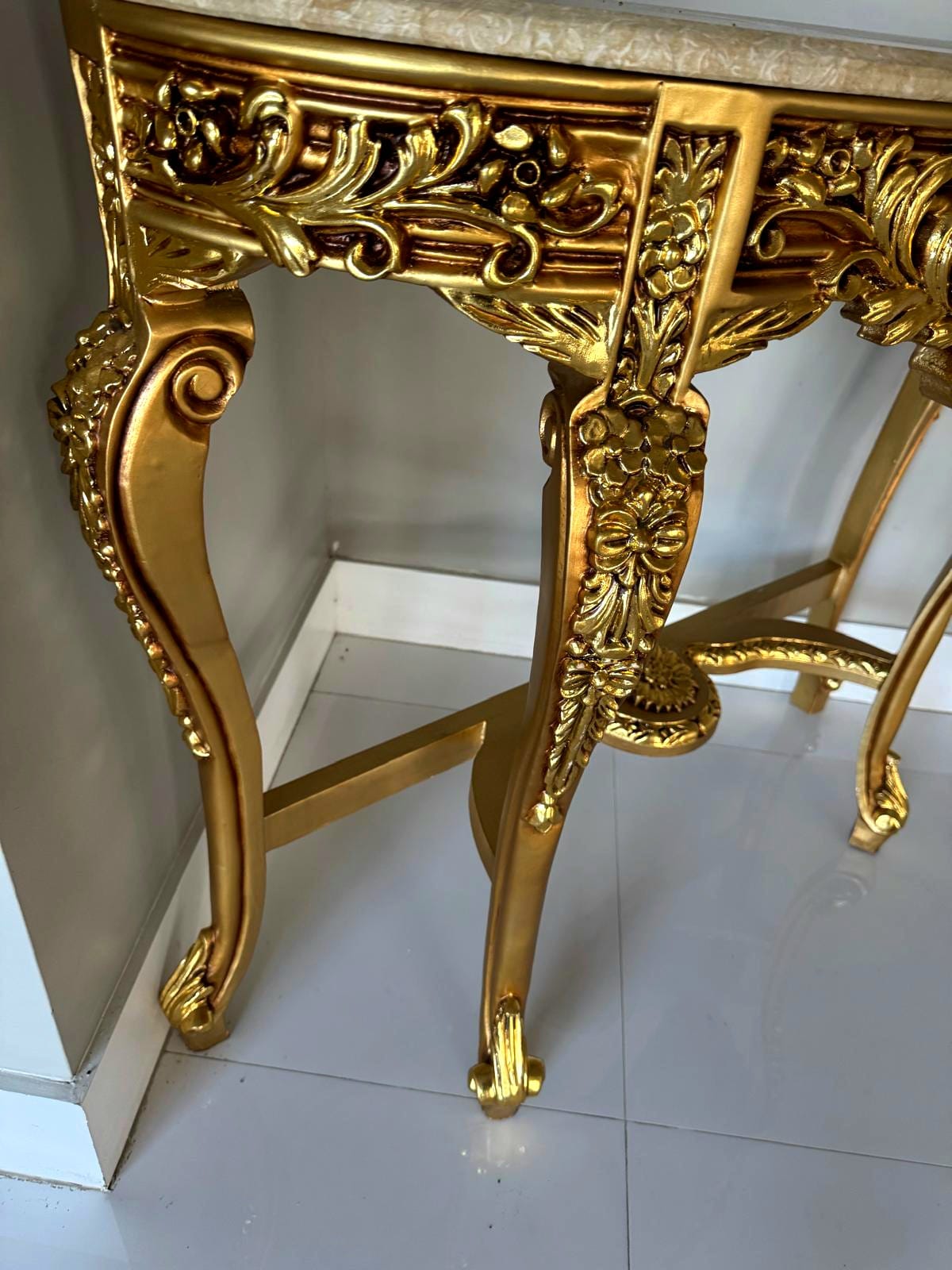 French Style Console Table – Beige Marble Top, Gold Leaf Details, 35.5"H x 41.5"W x 13"D