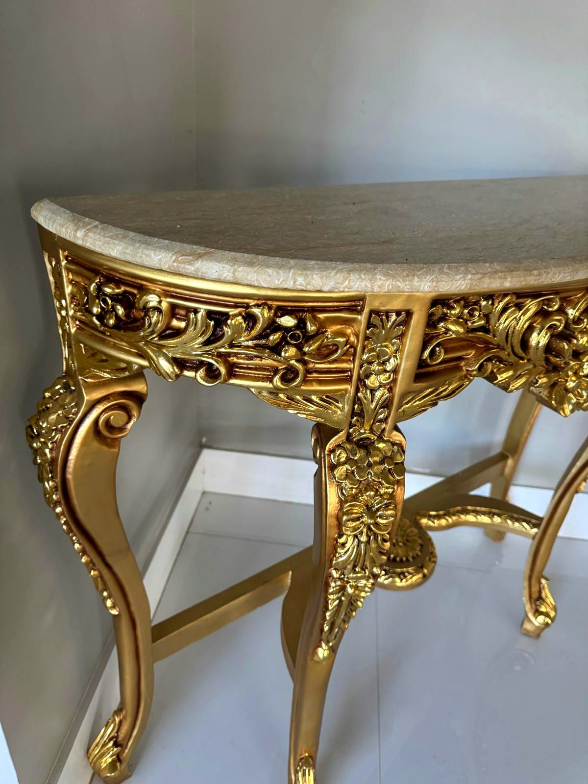 French Style Console Table – Beige Marble Top, Gold Leaf Details, 35.5"H x 41.5"W x 13"D