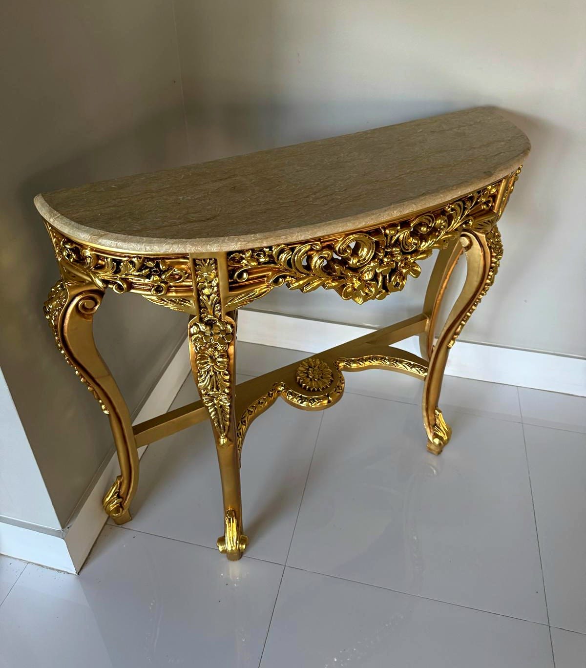 French Style Console Table – Beige Marble Top, Gold Leaf Details, 35.5"H x 41.5"W x 13"D