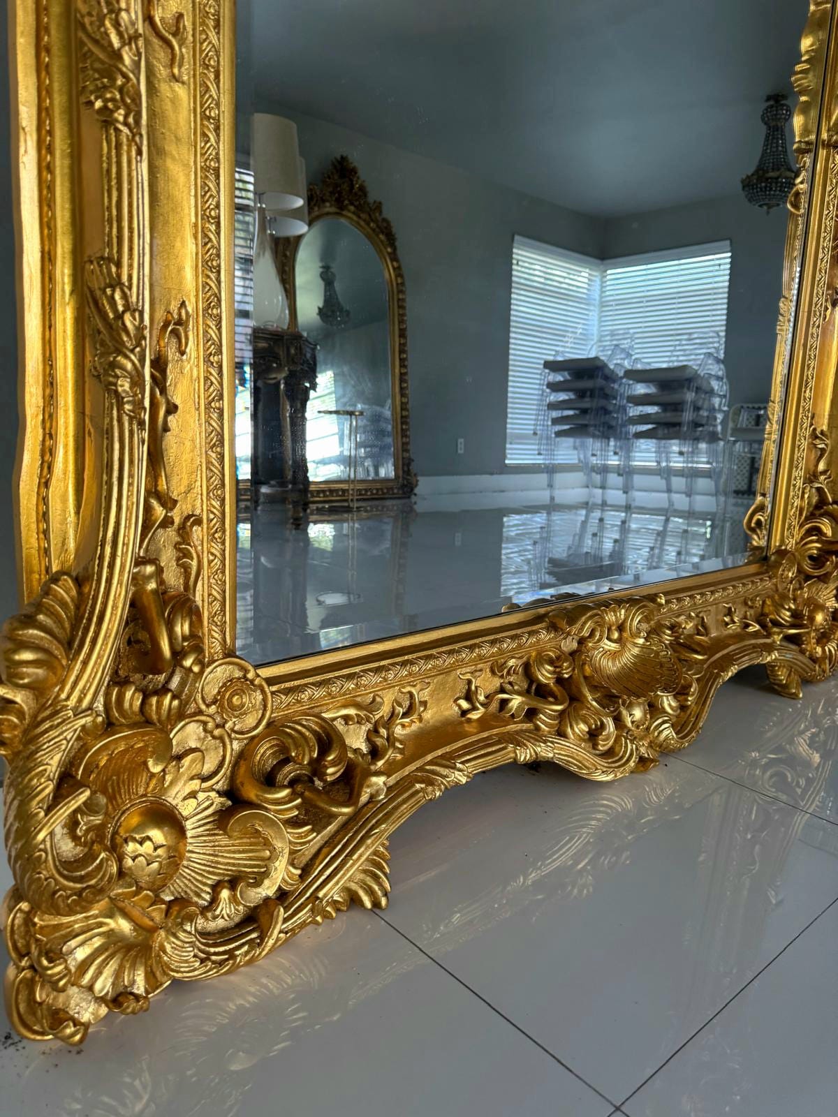 French Style Baroque Wall Mirror – 7.5 ft Tall Statement Mirror in Gold Leaf Finish