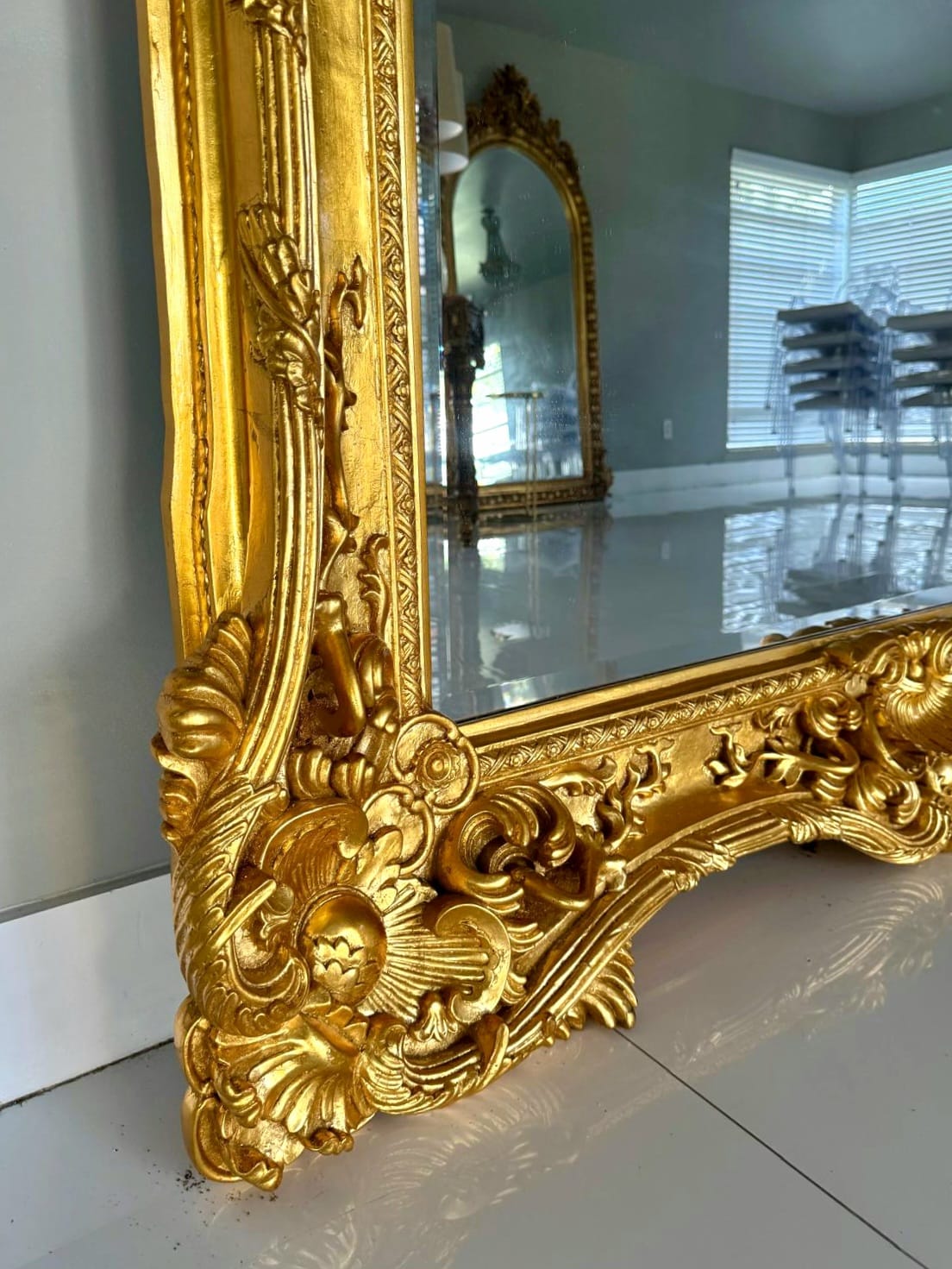 French Style Baroque Wall Mirror – 7.5 ft Tall Statement Mirror in Gold Leaf Finish
