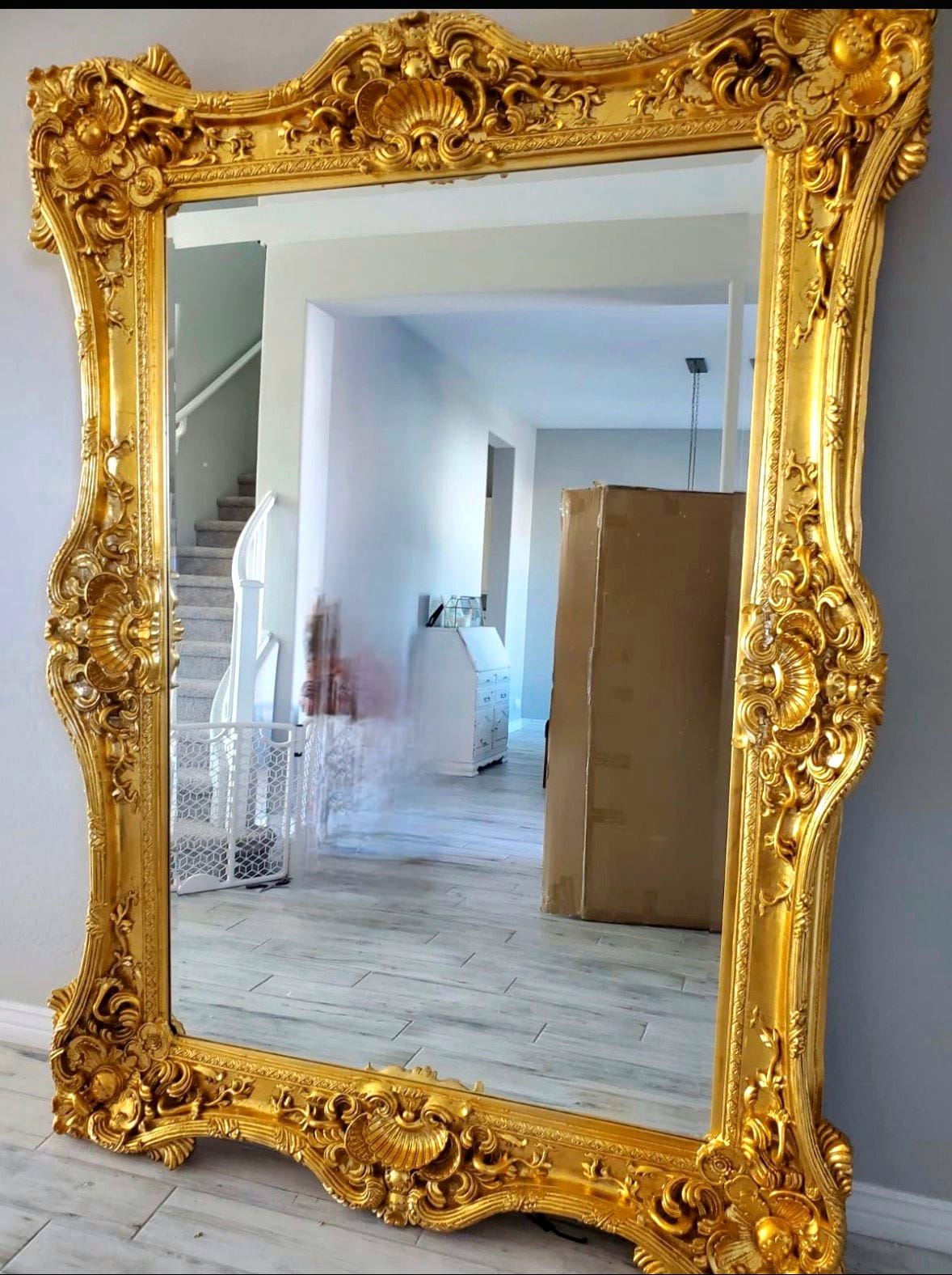French Style Baroque Wall Mirror – 7.5 ft Tall Statement Mirror in Gold Leaf Finish