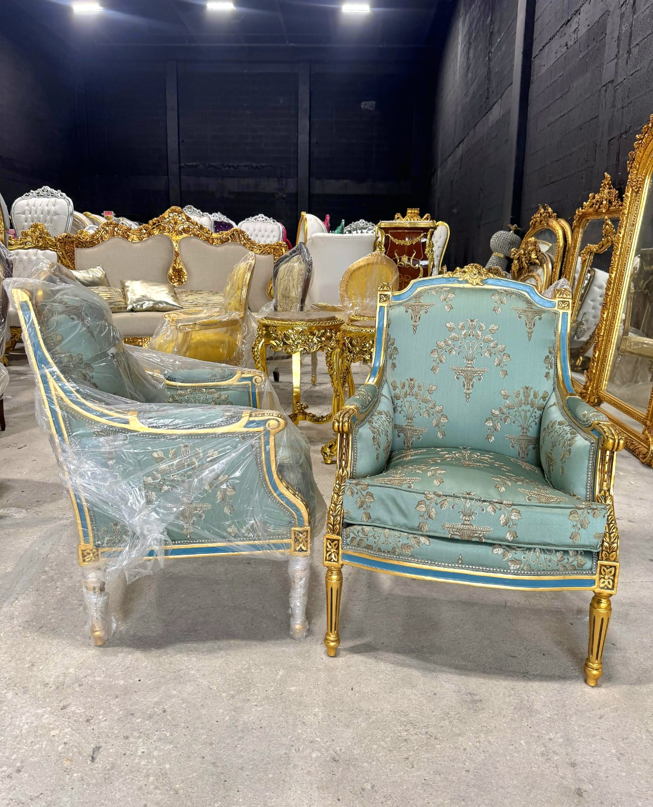 French Louis XV Style Blue-Green Bergere Wing Chair with Blue Trim and Gold Leaf Details