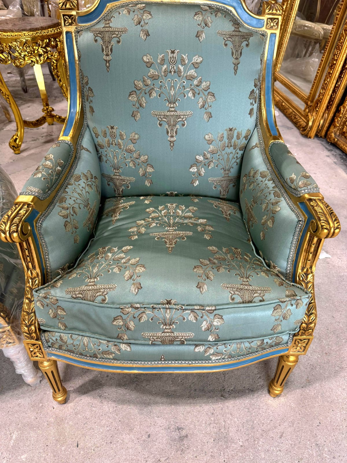French Louis XV Style Blue-Green Bergere Wing Chair with Blue Trim and Gold Leaf Details