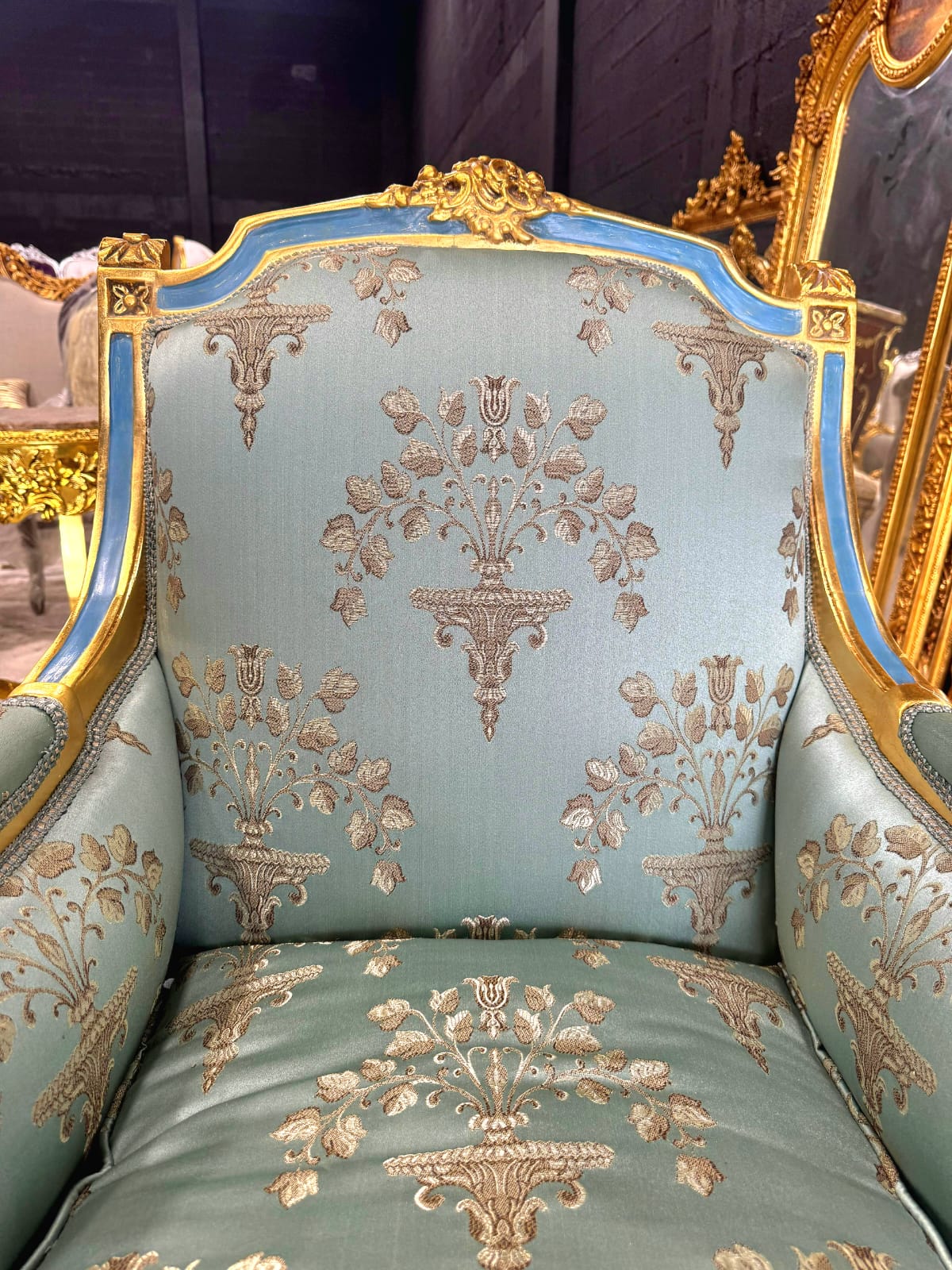 French Louis XV Style Blue-Green Bergere Wing Chair with Blue Trim and Gold Leaf Details