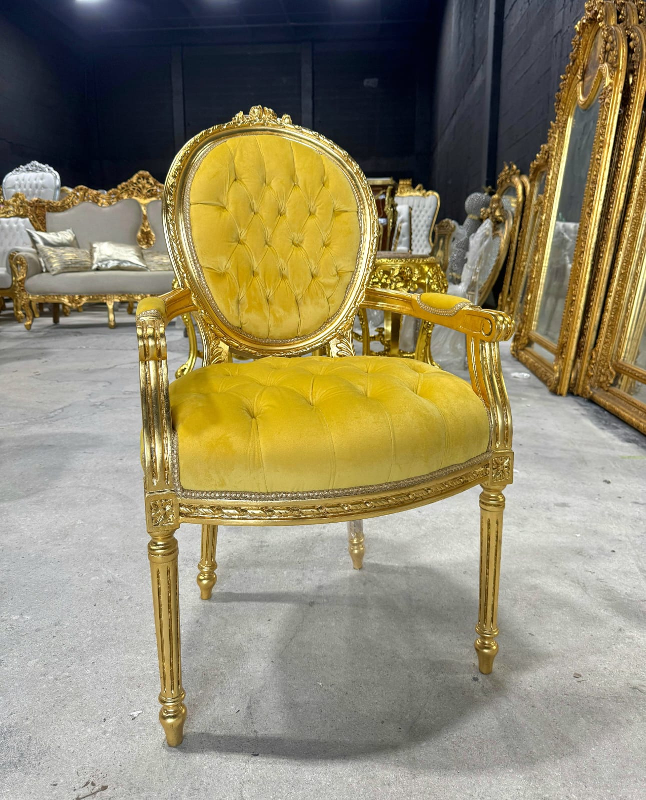 French Rococo Baroque Golden Yellow Velvet Chair with Exquisite Gold Leaf Details