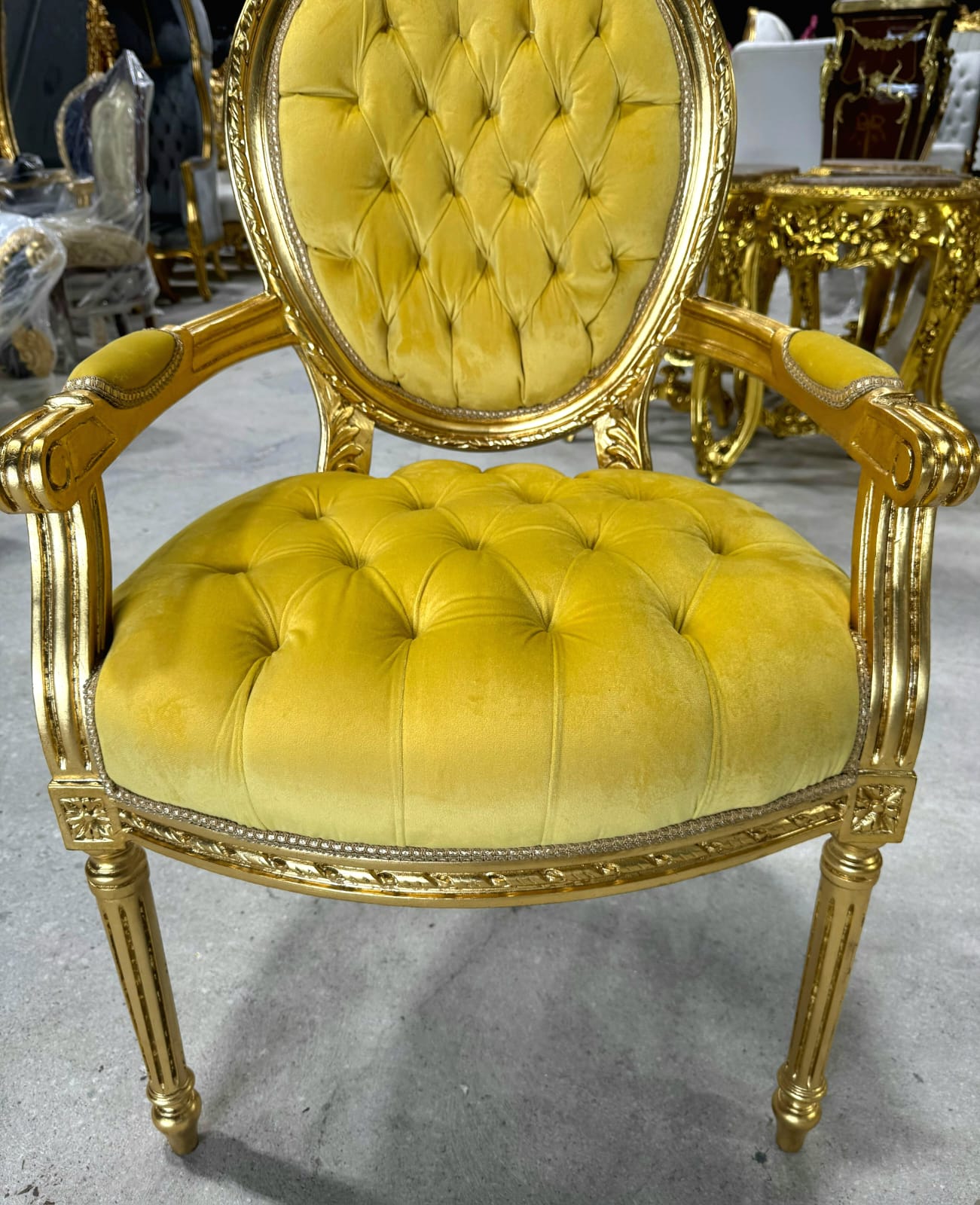 French Rococo Baroque Golden Yellow Velvet Chair with Exquisite Gold Leaf Details
