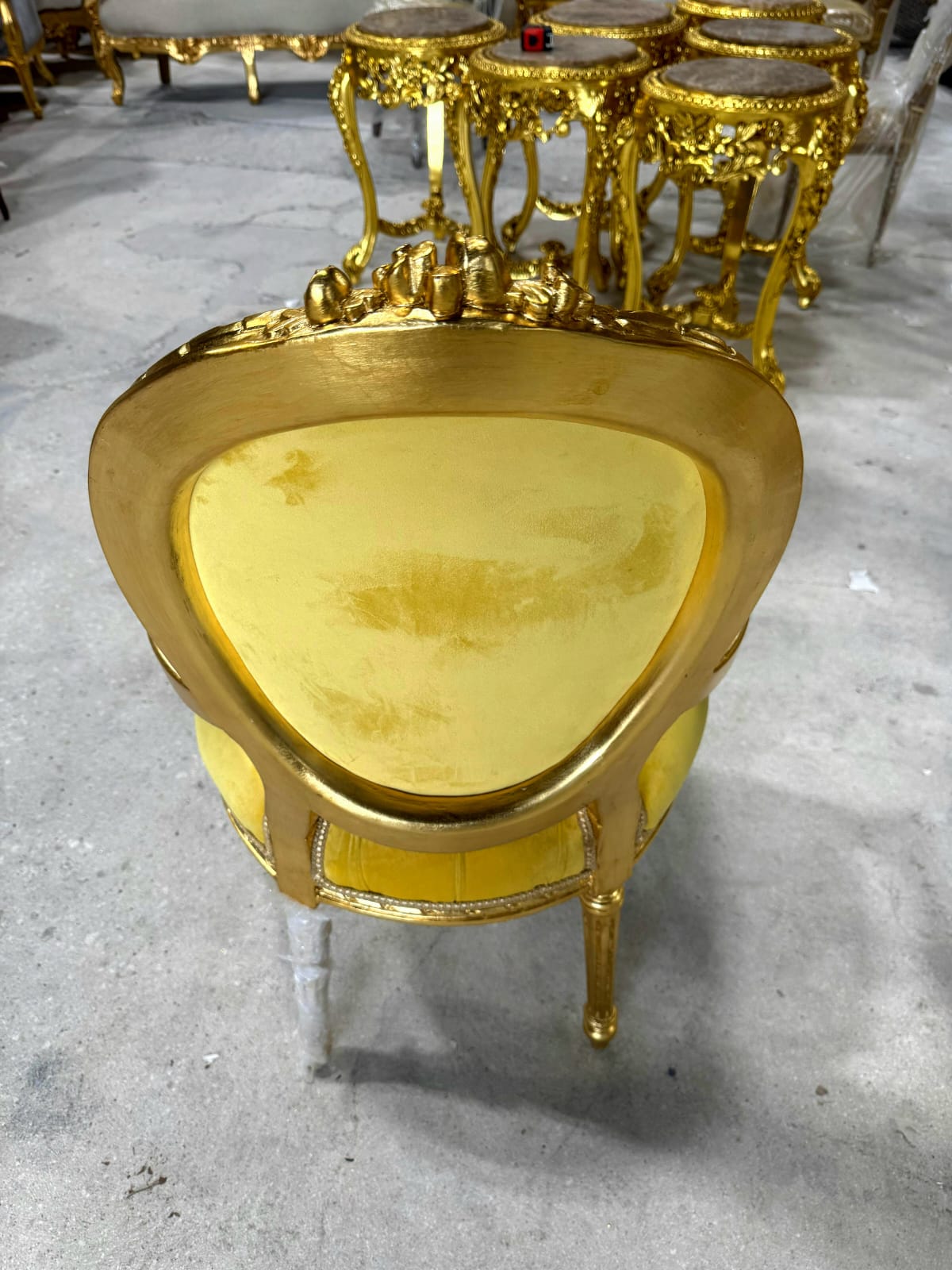 French Rococo Baroque Golden Yellow Velvet Chair with Exquisite Gold Leaf Details