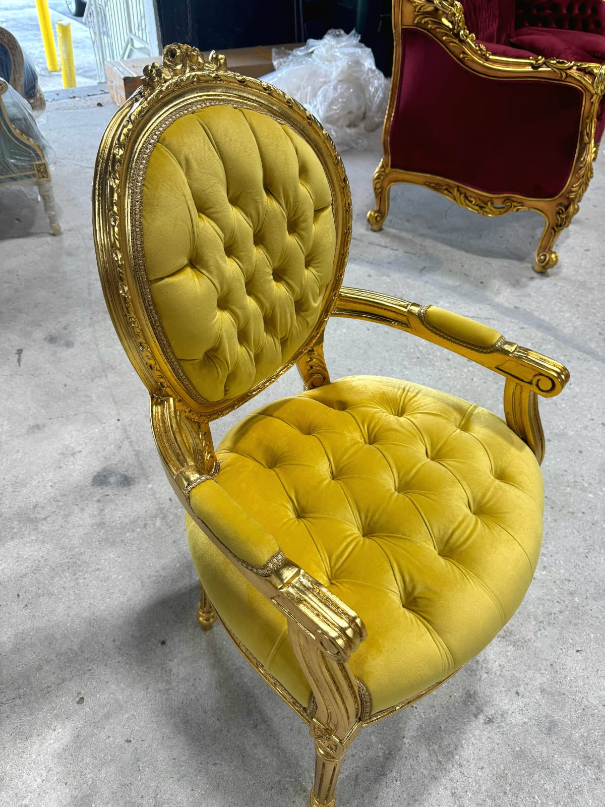 French Rococo Baroque Golden Yellow Velvet Chair with Exquisite Gold Leaf Details