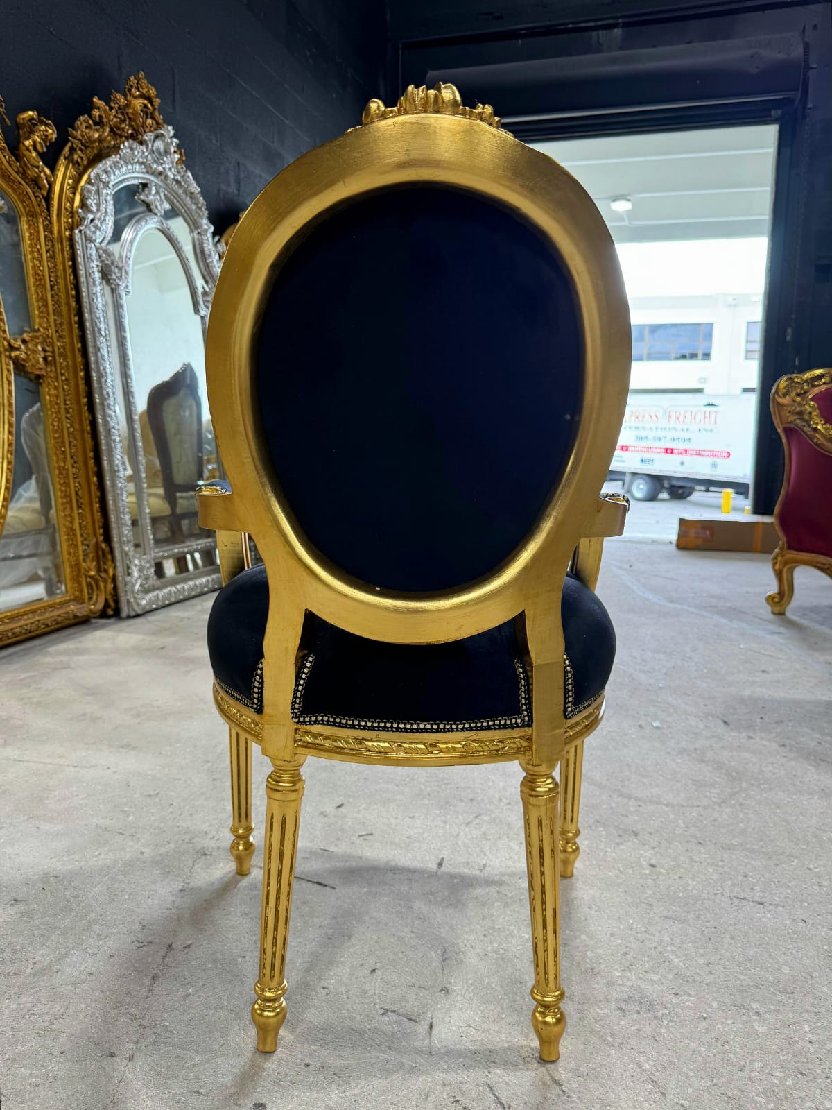 French Rococo Baroque Black Velvet Accent Chair with Luxurious Gold Leaf Details