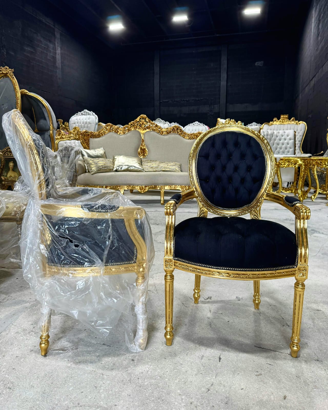French Rococo Baroque Black Velvet Accent Chair with Luxurious Gold Leaf Details