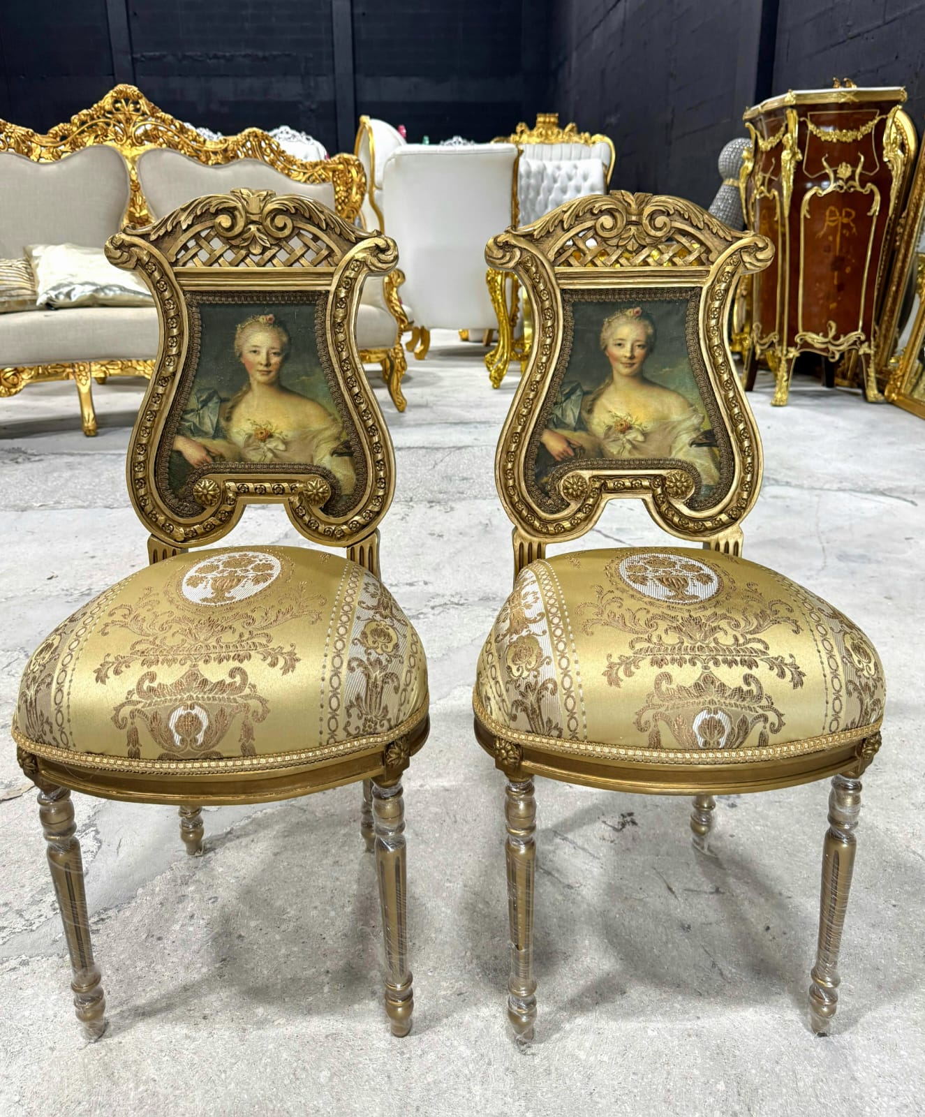 French Rococo Gold Accent Chair with Lady Portrait – Elegant Baroque Style Statement Piece