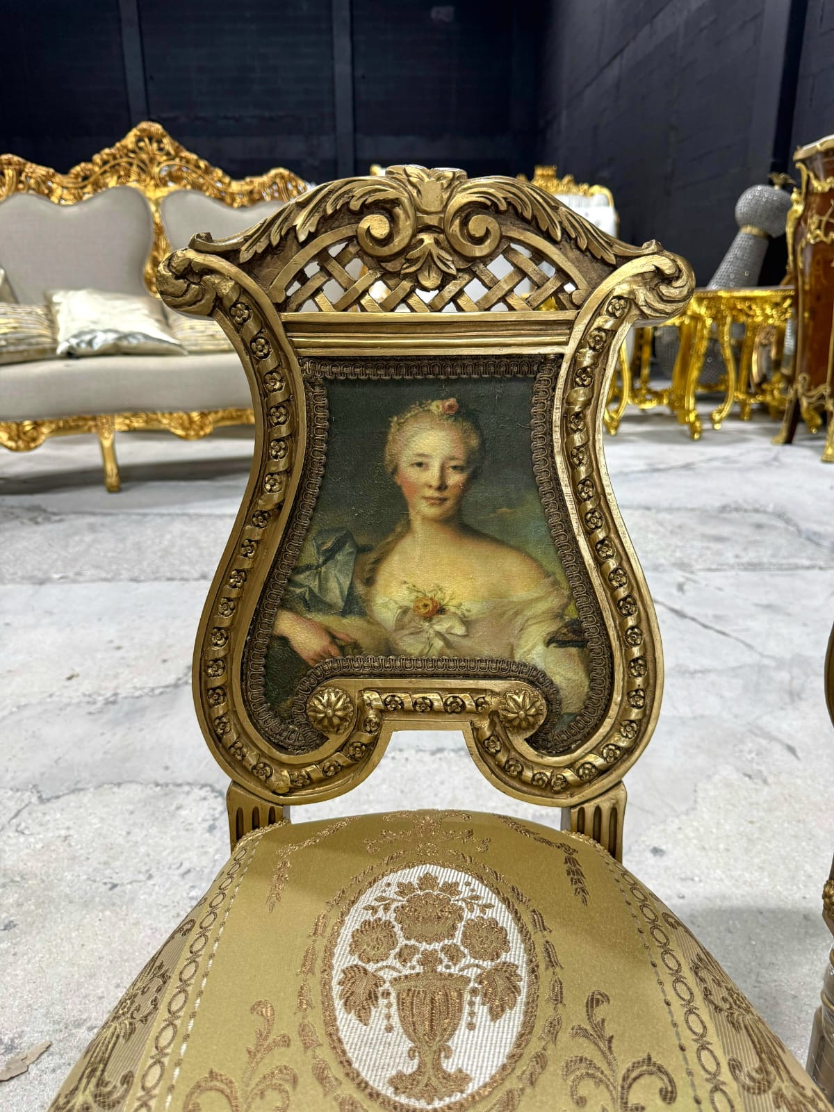 French Rococo Gold Accent Chair with Lady Portrait – Elegant Baroque Style Statement Piece