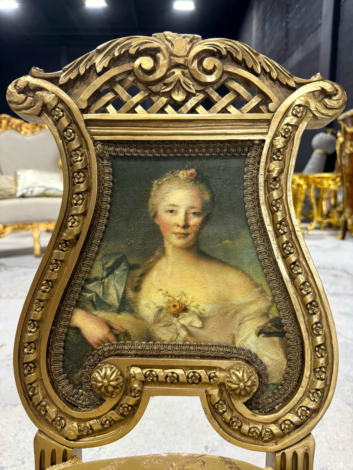 French Rococo Gold Accent Chair with Lady Portrait – Elegant Baroque Style Statement Piece