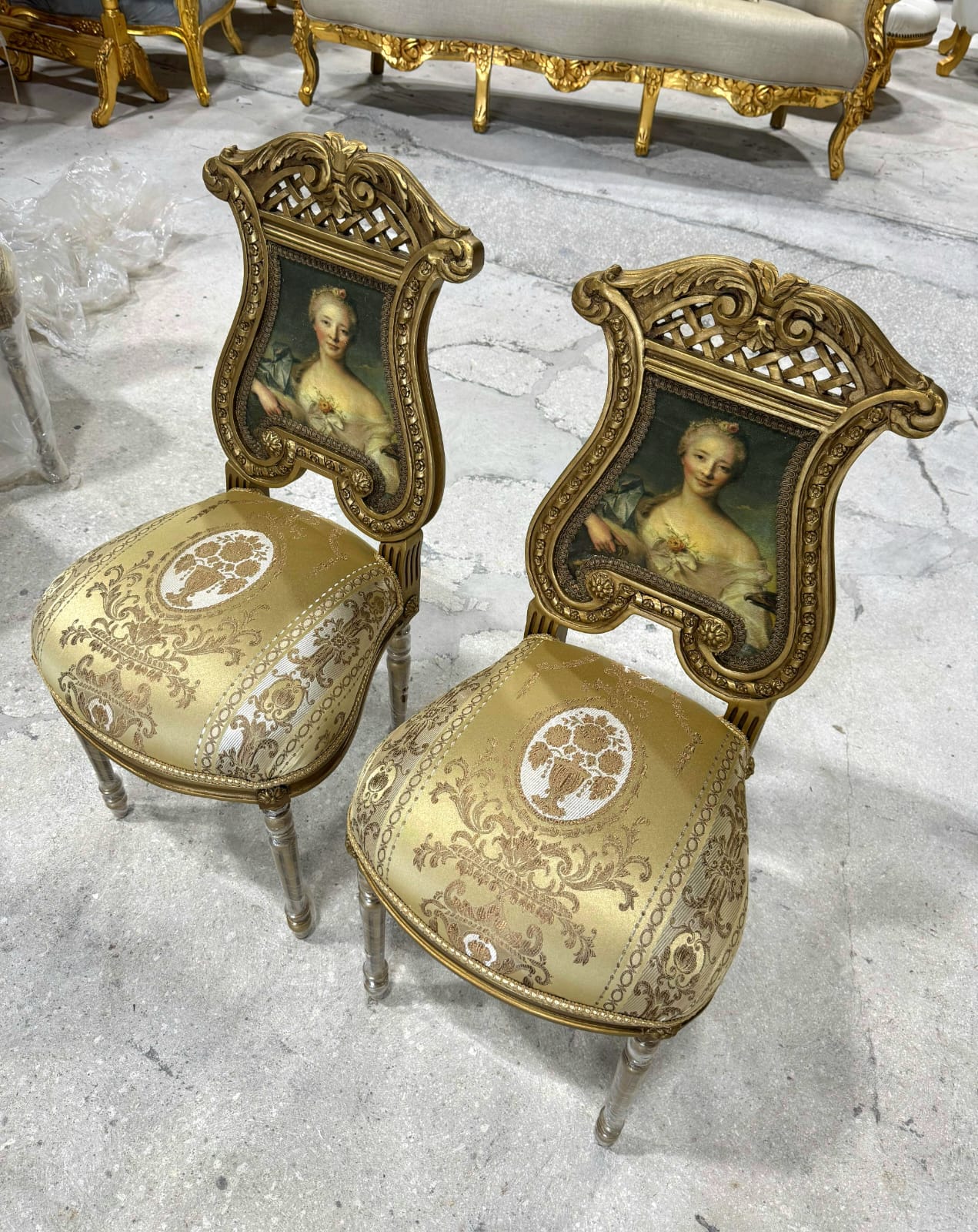 French Rococo Gold Accent Chair with Lady Portrait – Elegant Baroque Style Statement Piece