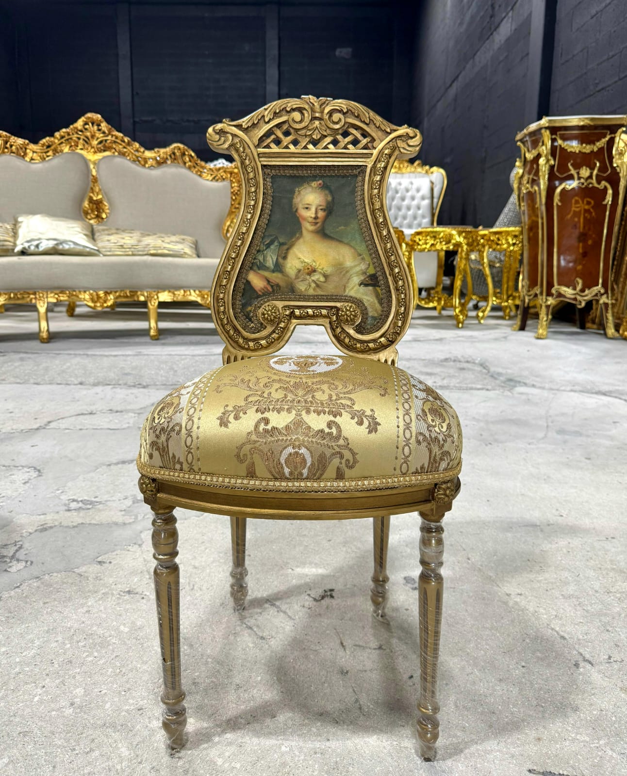 French Rococo Gold Accent Chair with Lady Portrait – Elegant Baroque Style Statement Piece