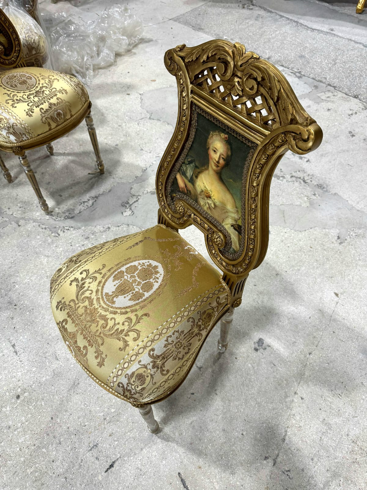 French Rococo Gold Accent Chair with Lady Portrait – Elegant Baroque Style Statement Piece