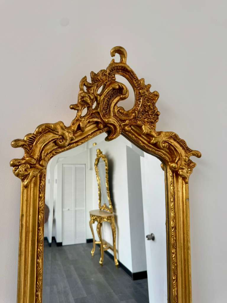 French Rococo Gold Floor Mirror – Romantic Ornate Statement Piece with Luxurious Gold Leaf Finish
