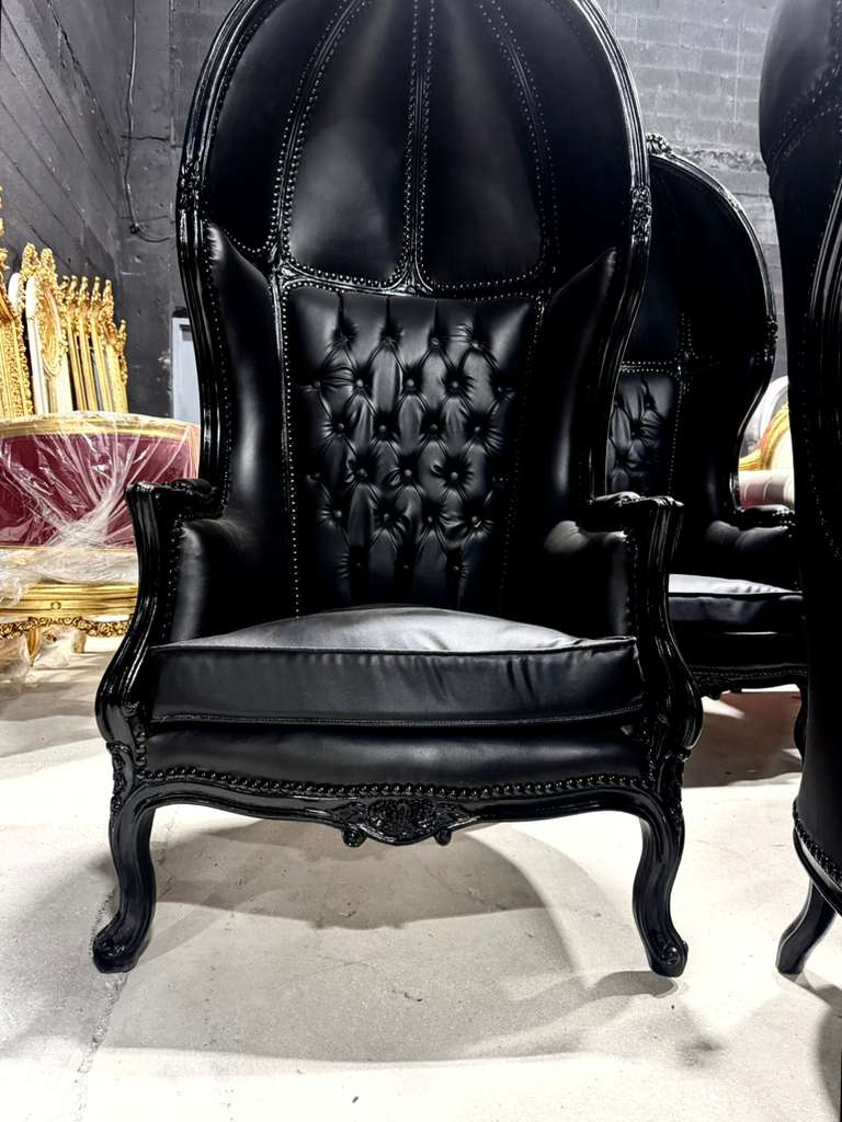 Balloon Chair French Style Black Leather High-Back Canopy Lacquer Chair French Balloon Chair