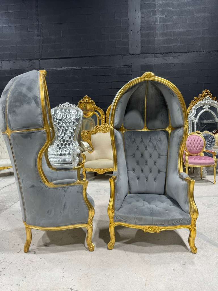 French Balloon Chair – Gray Velvet High-Back Canopy Chair with Gold Leaf Frame