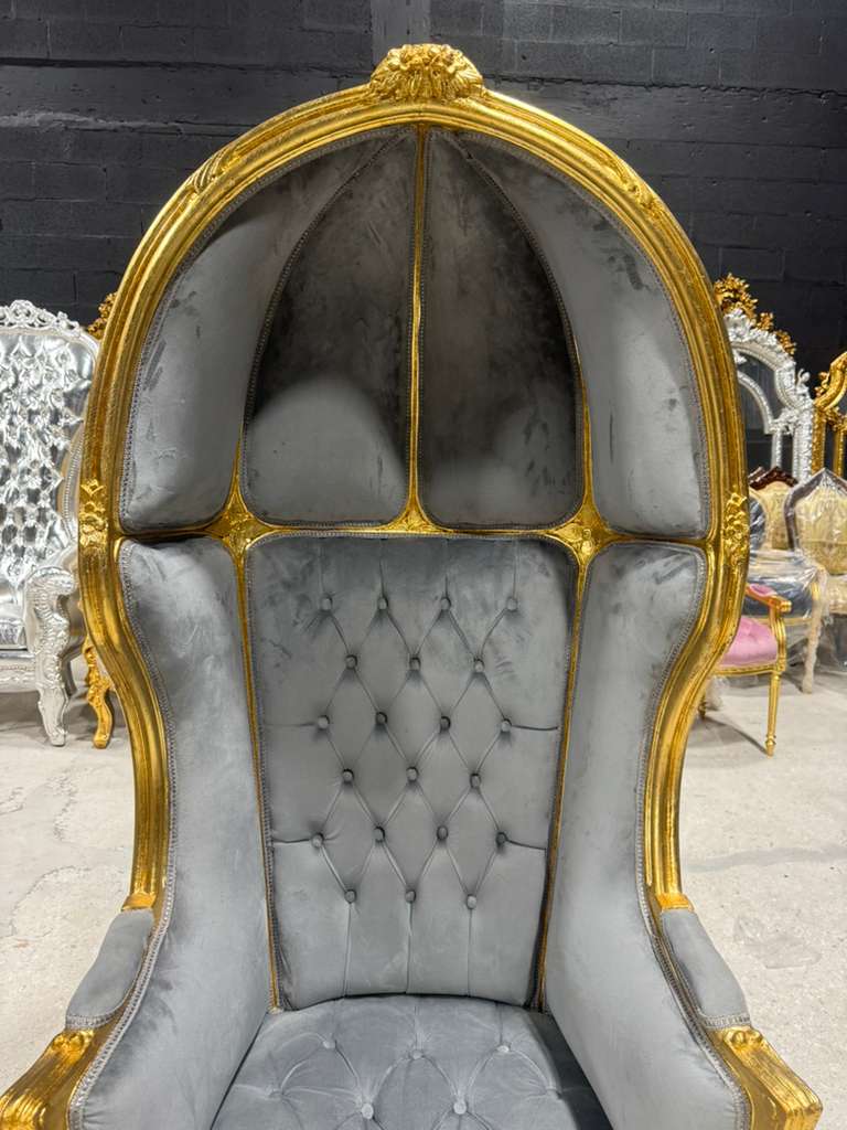 French Balloon Chair – Gray Velvet High-Back Canopy Chair with Gold Leaf Frame