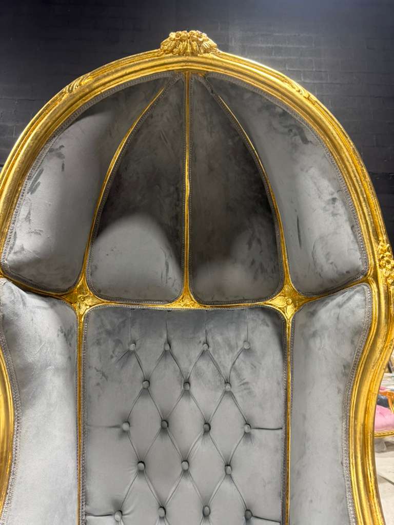 French Balloon Chair – Gray Velvet High-Back Canopy Chair with Gold Leaf Frame
