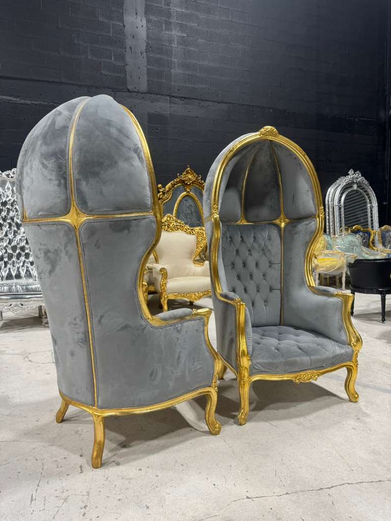 French Balloon Chair – Gray Velvet High-Back Canopy Chair with Gold Leaf Frame