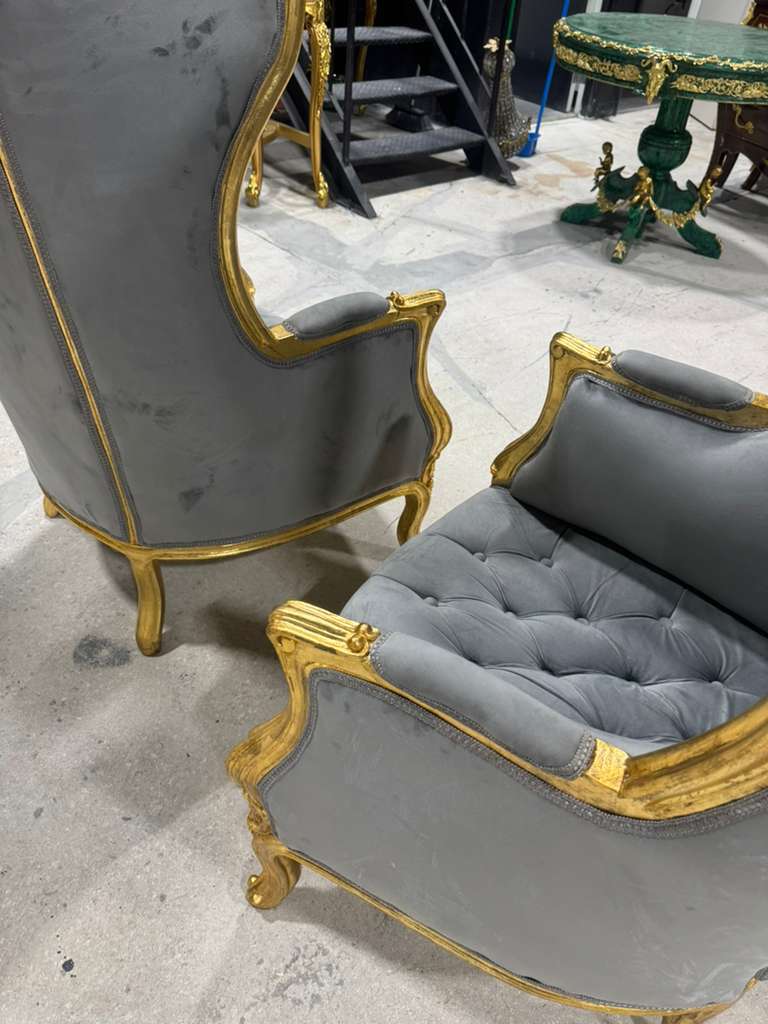 French Balloon Chair – Gray Velvet High-Back Canopy Chair with Gold Leaf Frame