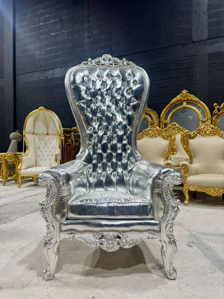 French Throne Chair – Silver Leather High-Back Tufted Chair with Ornate Silver