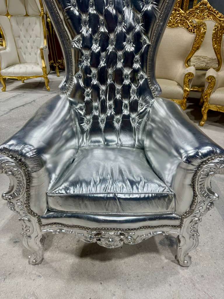 French Throne Chair – Silver Leather High-Back Tufted Chair with Ornate Silver