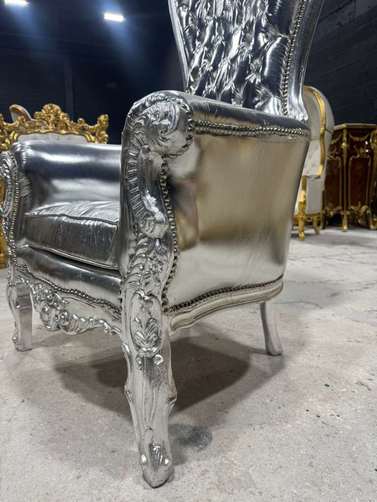 French Throne Chair – Silver Leather High-Back Tufted Chair with Ornate Silver