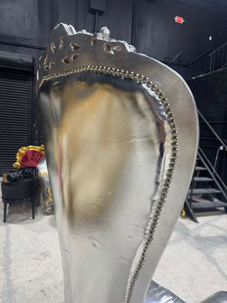 French Throne Chair – Silver Leather High-Back Tufted Chair with Ornate Silver