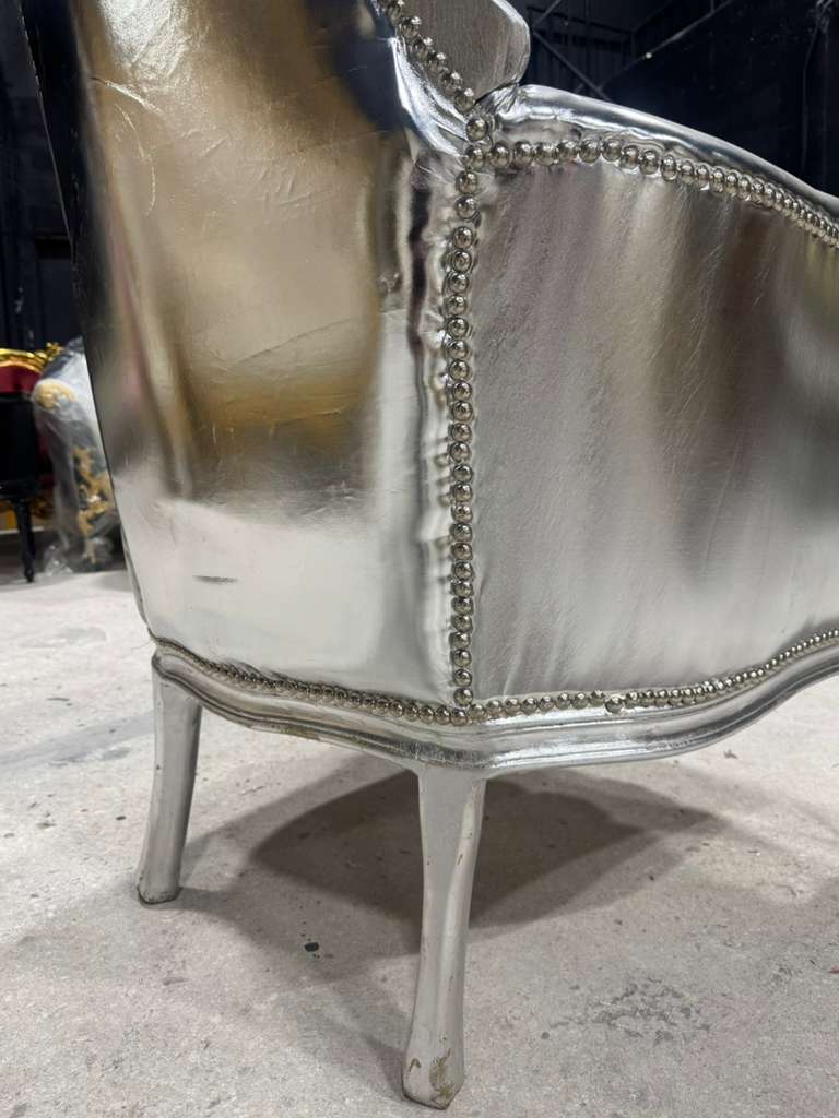 French Throne Chair – Silver Leather High-Back Tufted Chair with Ornate Silver