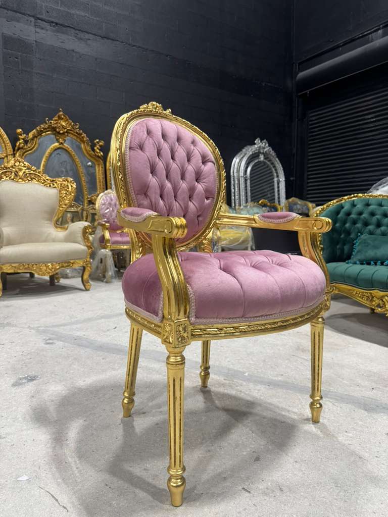 French Rococo Baroque Pink Velvet Chair with Gold Leaf Details French Rococo Pink Velvet Accent Chair – Tufted Seat & Back, Handcrafted Gold Leaf Baroque Luxury Seating