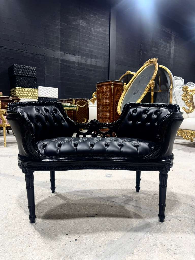 French Rococo Tufted Black Leather Bench – Luxury Baroque Accent Seating with Ornate Black Frame